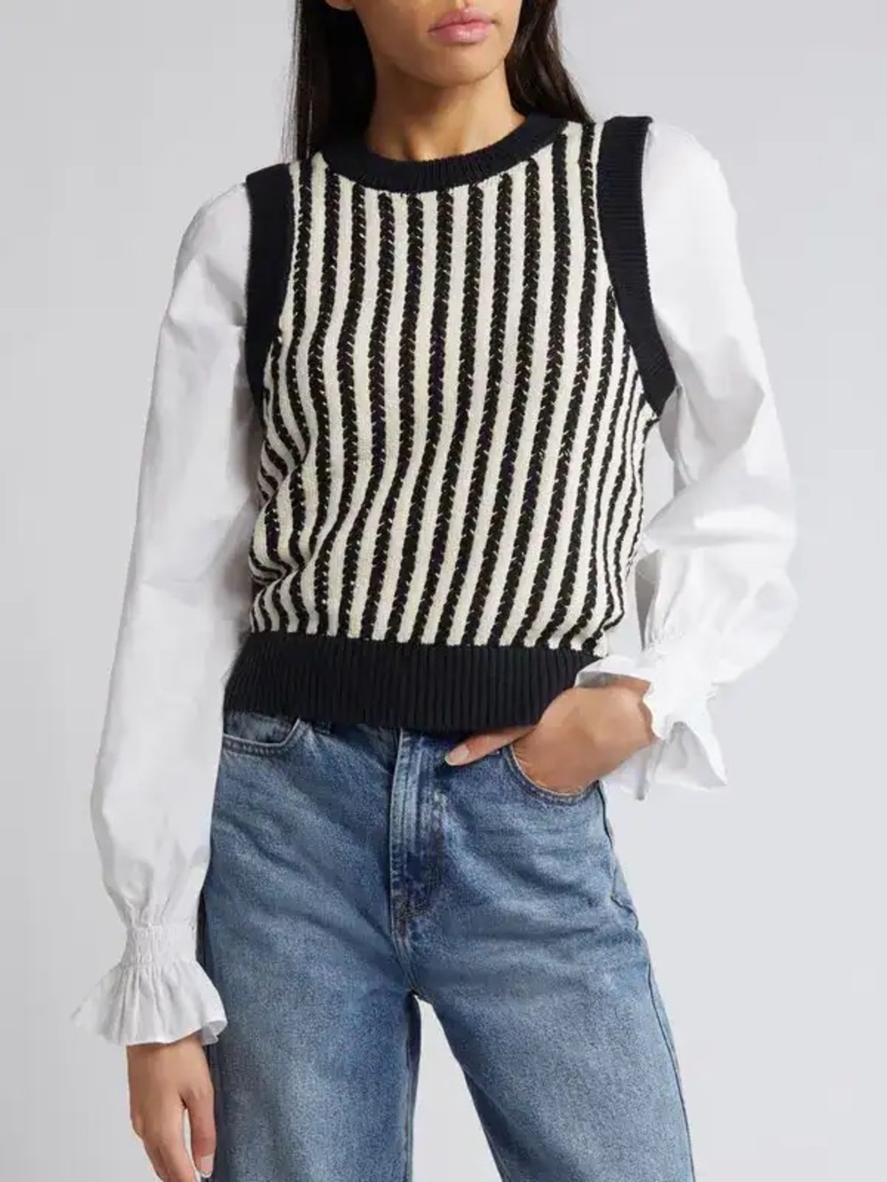 NWT French Connection Moma Stripe Sweater Vest Combo in Black / Cream - S